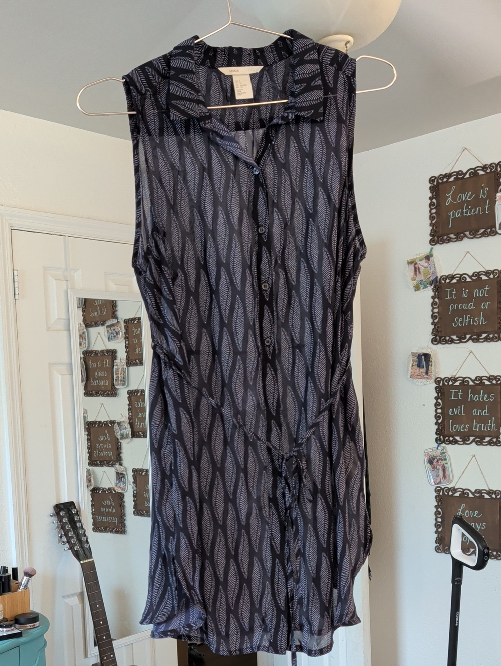 Sleeveless Navy Leaf-Print Button Front Sheer Long Shirt Or Mini Dress?